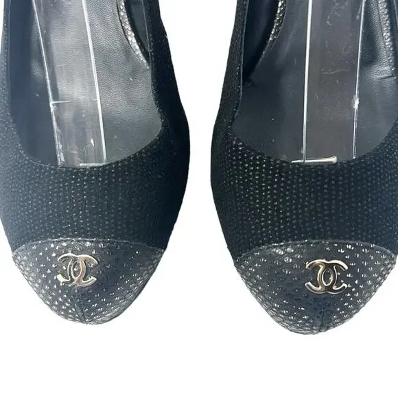 Chanel Tweed Slingback Cap Toe CC Logo Pumps Black Size 38 - Picture 6 of 12